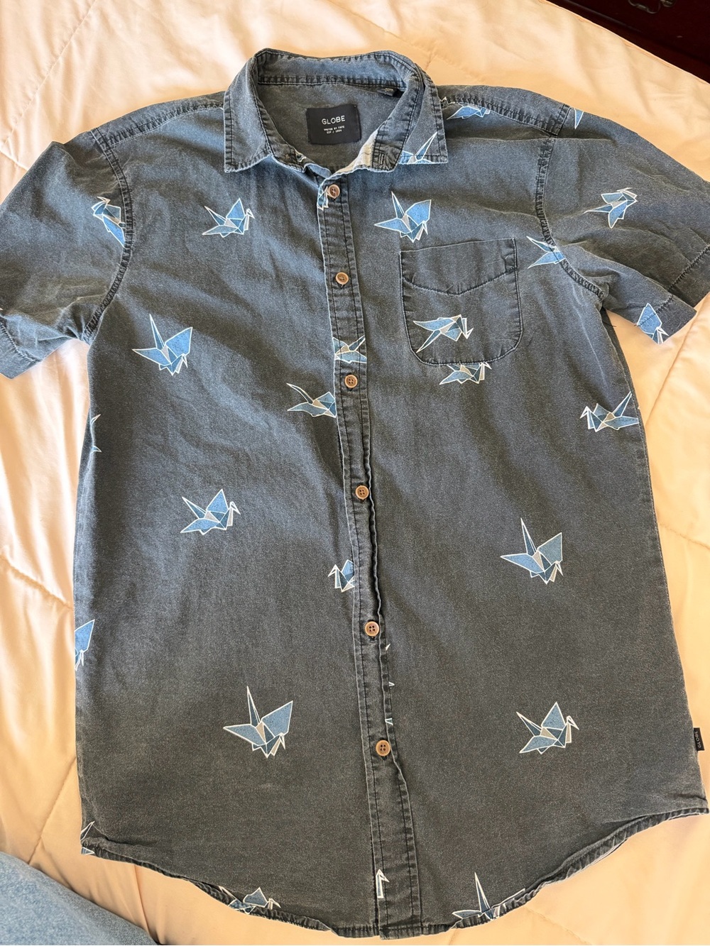 Globe Men's Navy Button-Down Shirt with Light Blue Origami Bird Print